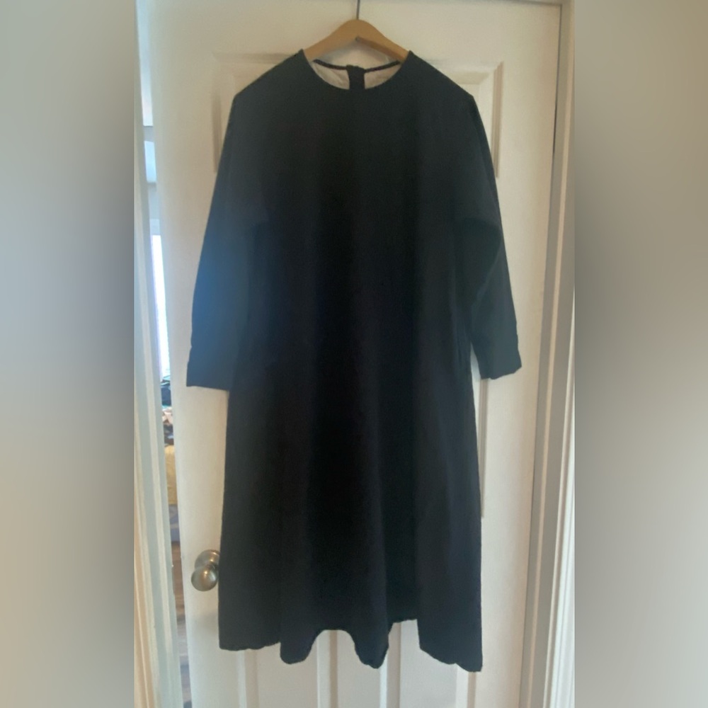 Muji black cotton flannel long dress with 2 buttons at back of neck. One size.